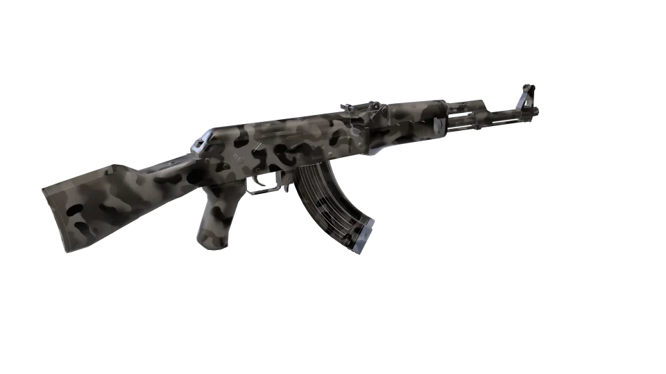 Night Snow camo on an AK-47, rear three-quarter view