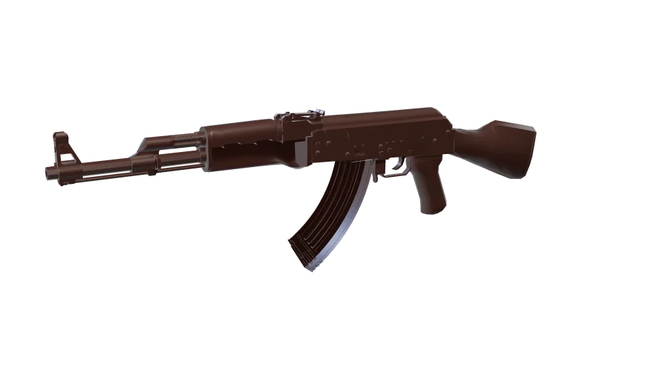 Off Grid camo on an AK-47, front three-quarter view