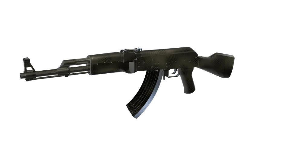 Optical Reverb camo on an AK-47, front three-quarter view