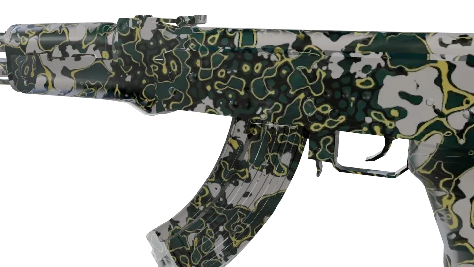 Outcrop camo on an AK-47, close-up of the receiver and magazine