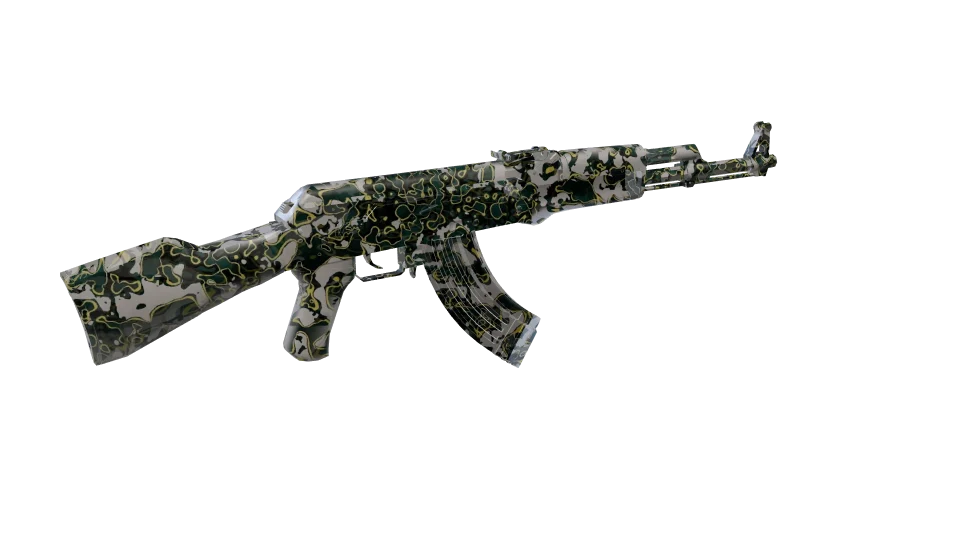 Outcrop camo on an AK-47, rear three-quarter view