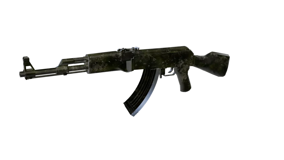 Peat camo on an AK-47, front three-quarter view