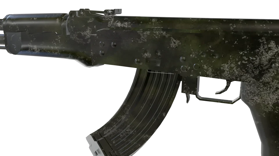 Peat camo on an AK-47, close-up of the receiver and magazine
