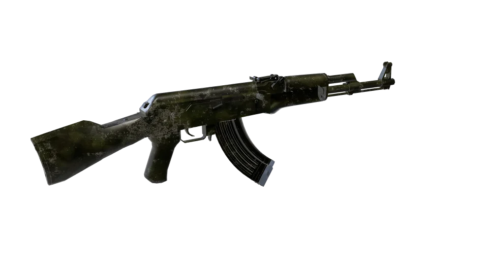 Peat camo on an AK-47, rear three-quarter view