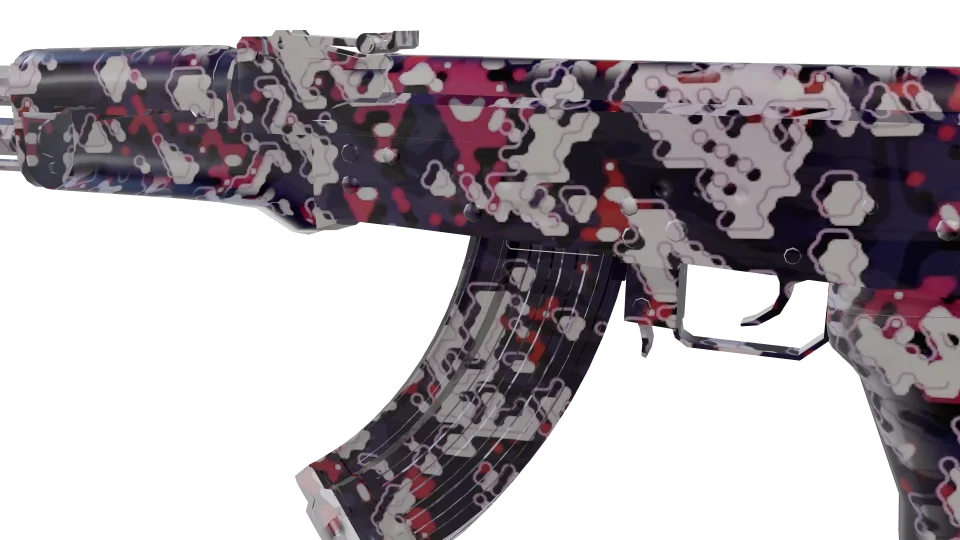 Phantom Flux camo on an AK-47, close-up of the receiver and magazine