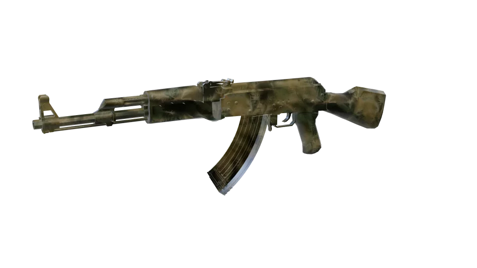 Ponderosa camo on an AK-47, front three-quarter view