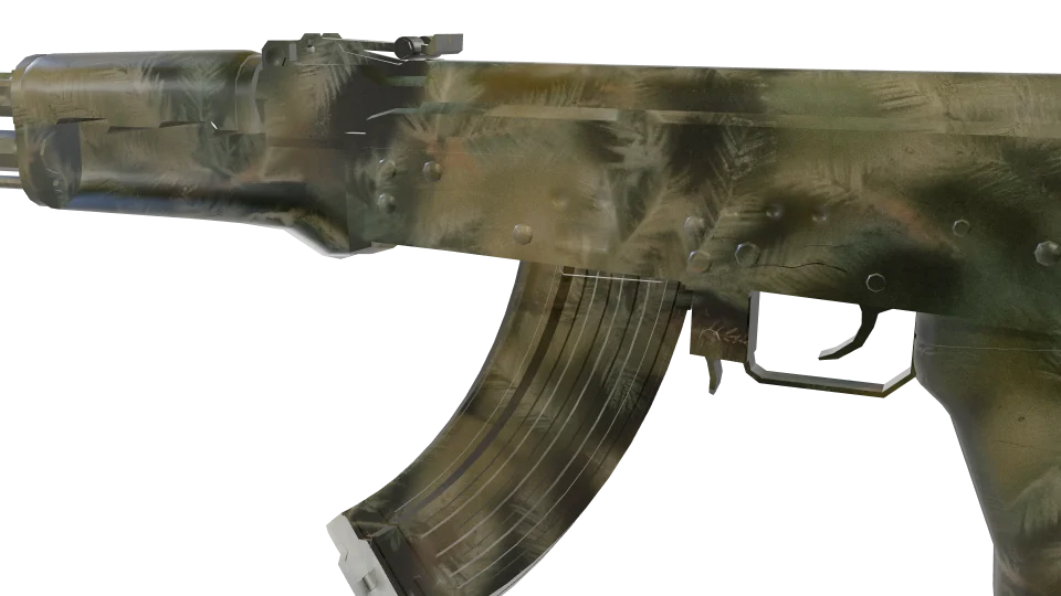 Ponderosa camo on an AK-47, close-up of the receiver and magazine