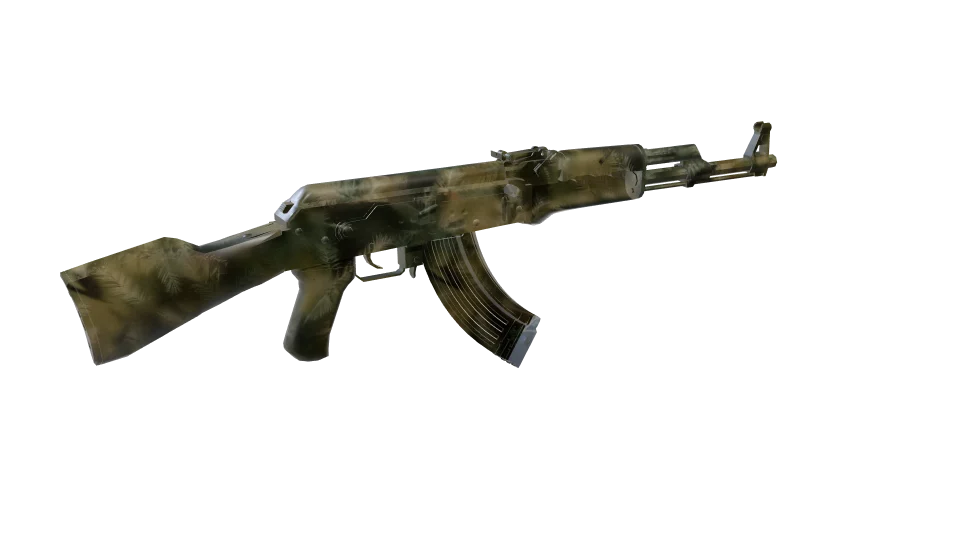 Ponderosa camo on an AK-47, rear three-quarter view