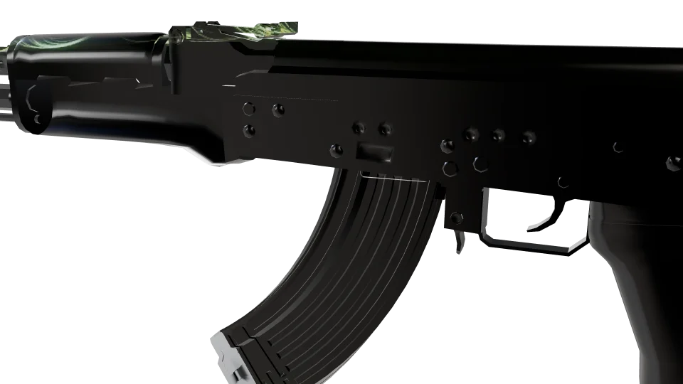 Pyroclast Cascade camo on an AK-47, close-up of the receiver and magazine