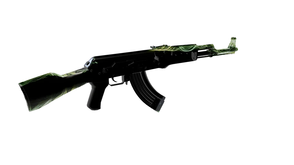 Pyroclast Cascade camo on an AK-47, rear three-quarter view