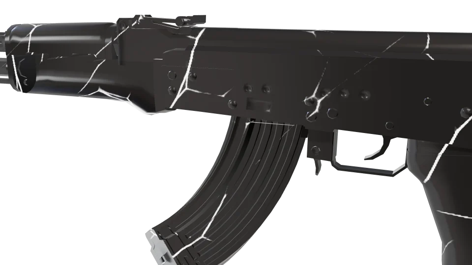 Pyroclast camo on an AK-47, close-up of the receiver and magazine