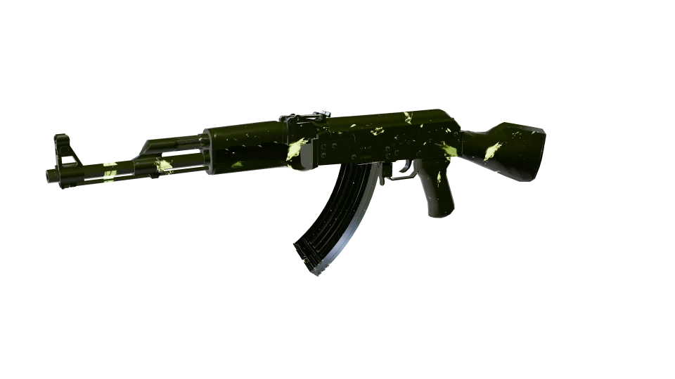 Pyroclast Scatter camo on an AK-47, front three-quarter view