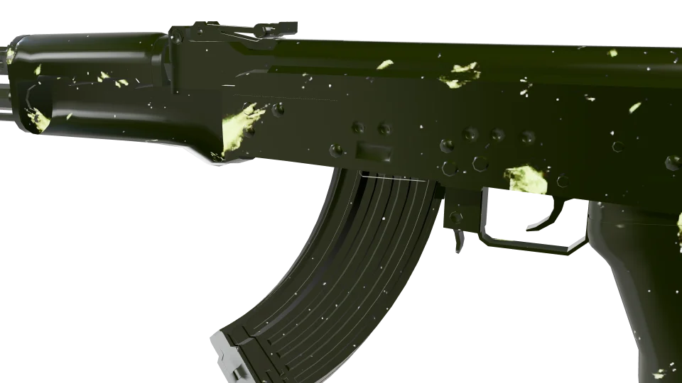 Pyroclast Scatter camo on an AK-47, close-up of the receiver and magazine