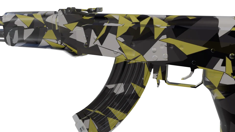 Raster Aux camo on an AK-47, close-up of the receiver and magazine
