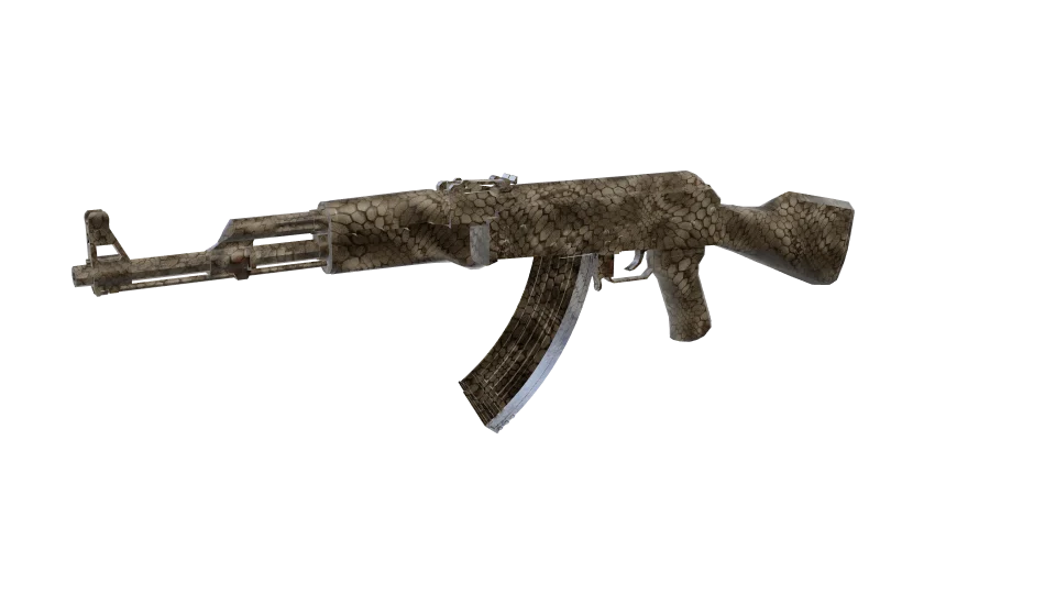 Rattlesnake camo on an AK-47, front three-quarter view