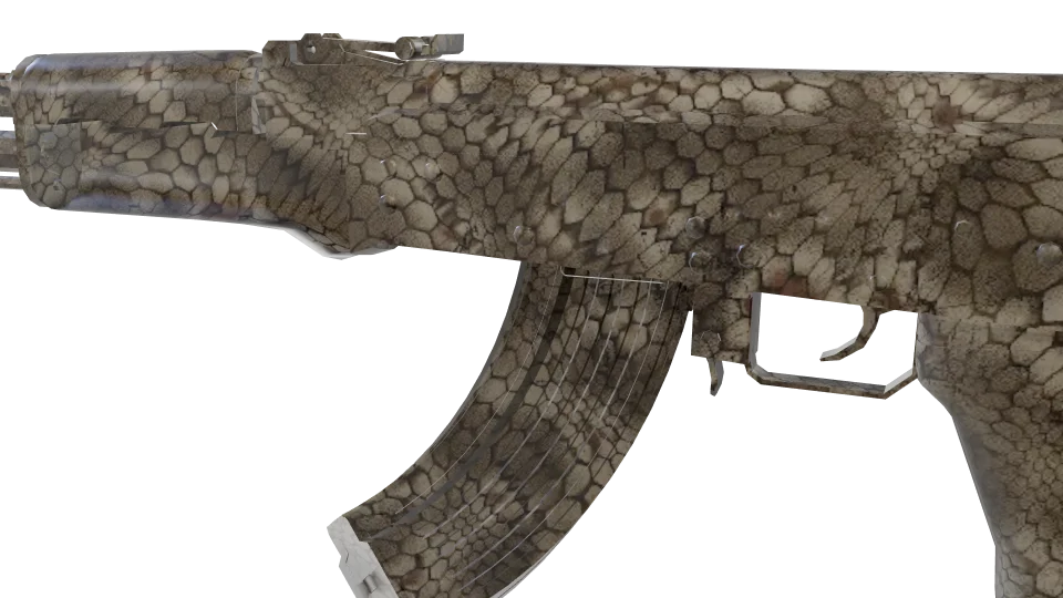 Rattlesnake camo on an AK-47, close-up of the receiver and magazine