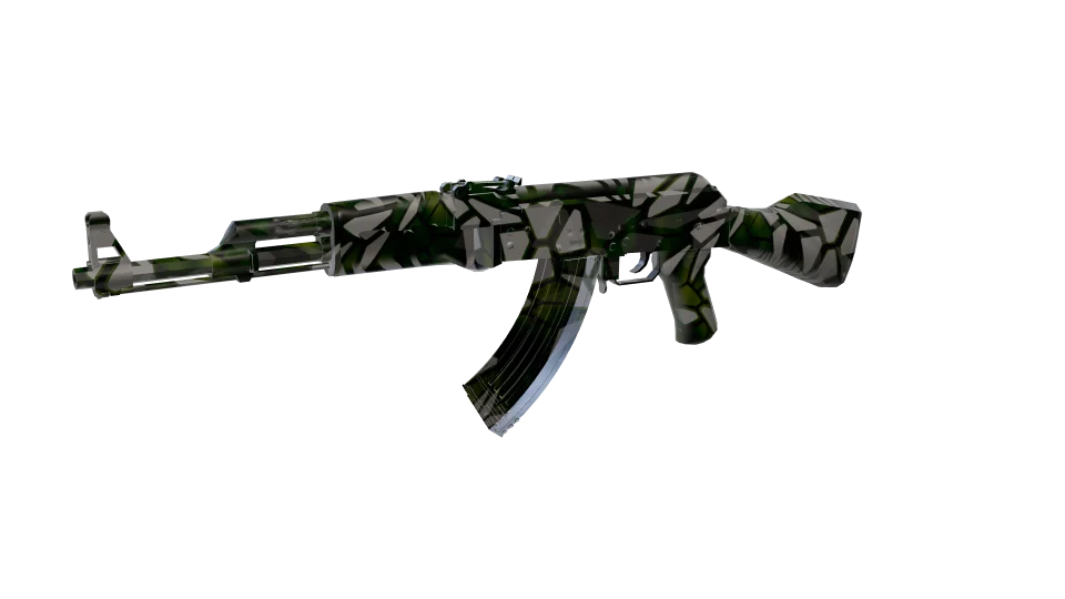 Recursive camo on an AK-47, front three-quarter view