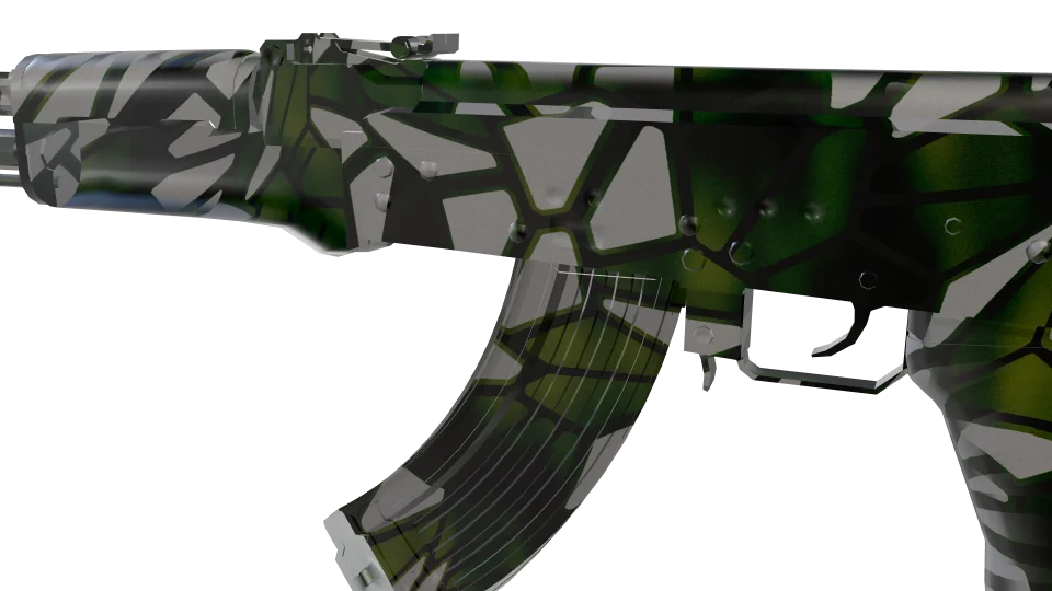 Recursive camo on an AK-47, close-up of the receiver and magazine