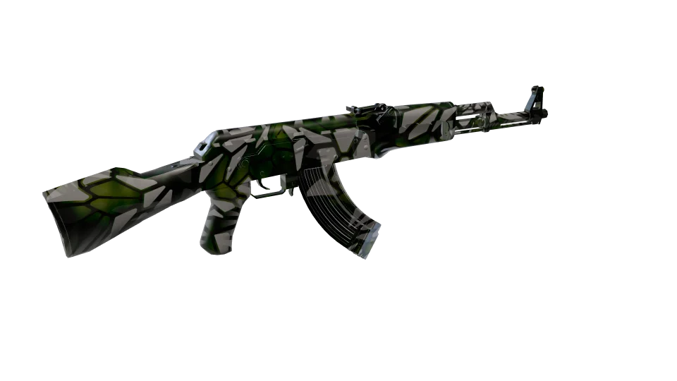 Recursive camo on an AK-47, rear three-quarter view