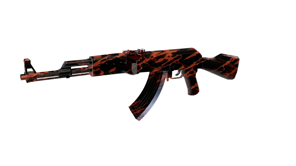 Red Rain camo on an AK-47, front three-quarter view