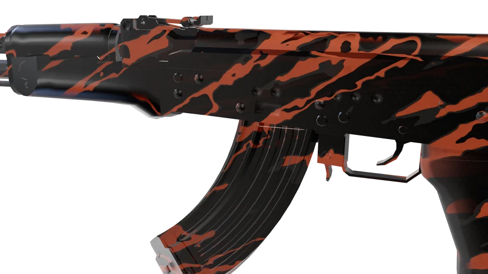 Red Rain camo on an AK-47, close-up of the receiver and magazine