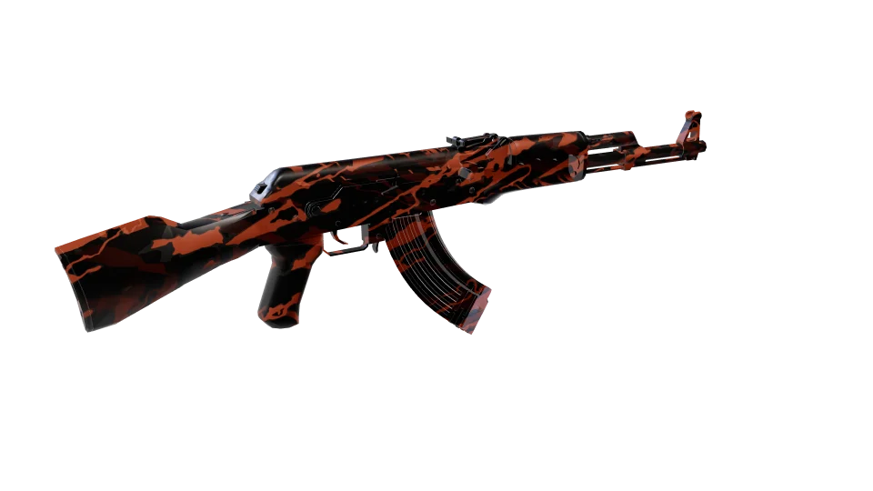 Red Rain camo on an AK-47, rear three-quarter view