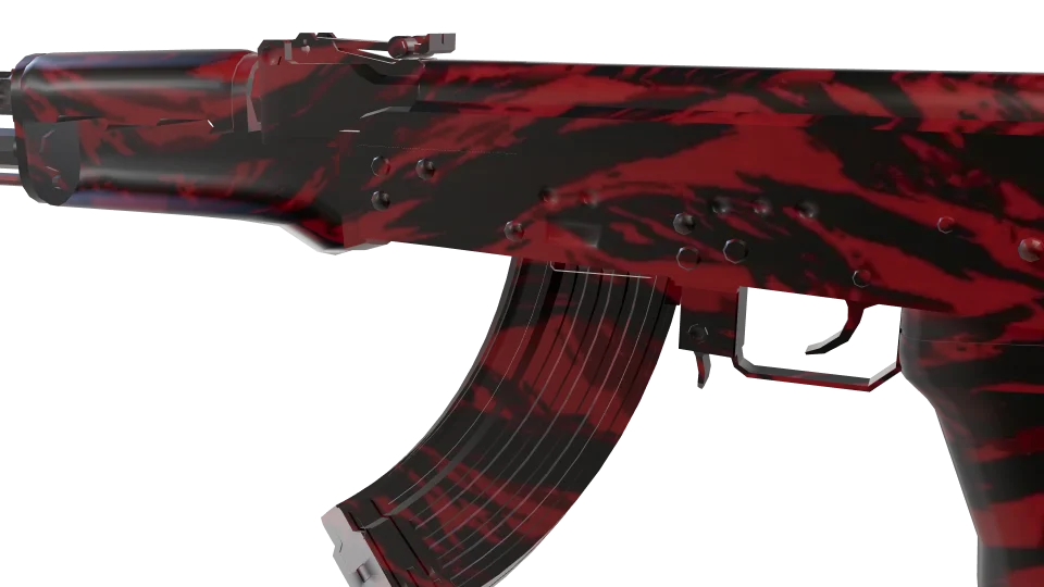 Red Tiger camo on an AK-47, close-up of the receiver and magazine