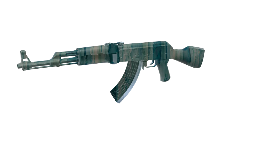 Reef Wash camo on an AK-47, front three-quarter view