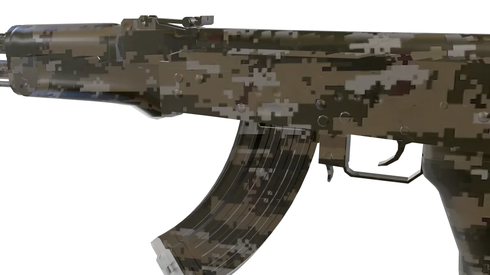 Samnim camo on an AK-47, close-up of the receiver and magazine