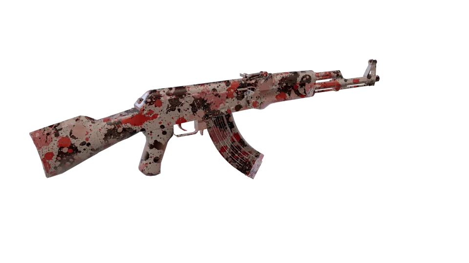 Sandwash camo on an AK-47, rear three-quarter view