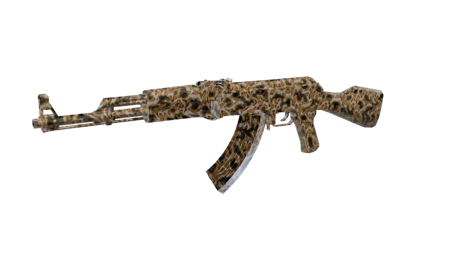 Scorch camo on an AK-47, front three-quarter view