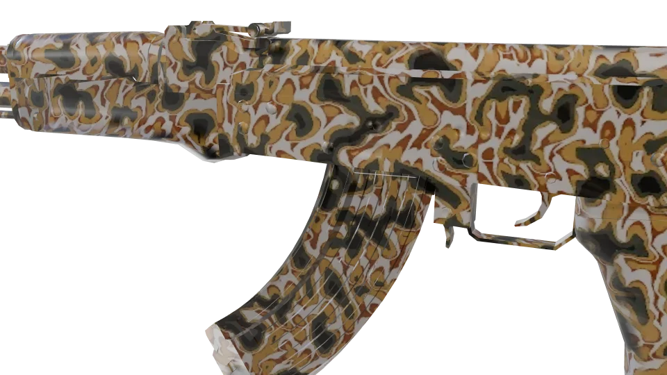 Scorch camo on an AK-47, close-up of the receiver and magazine