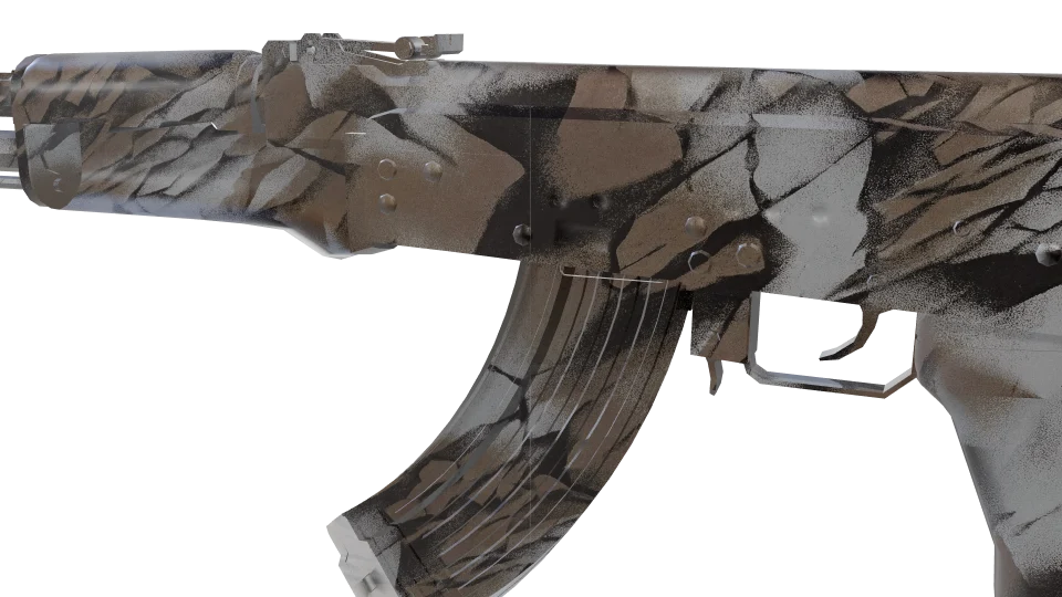 Shale camo on an AK-47, close-up of the receiver and magazine