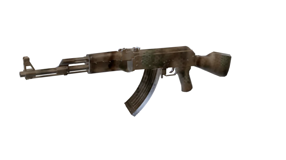 Shed camo on an AK-47, front three-quarter view