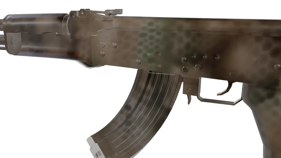 Shed camo on an AK-47, close-up of the receiver and magazine