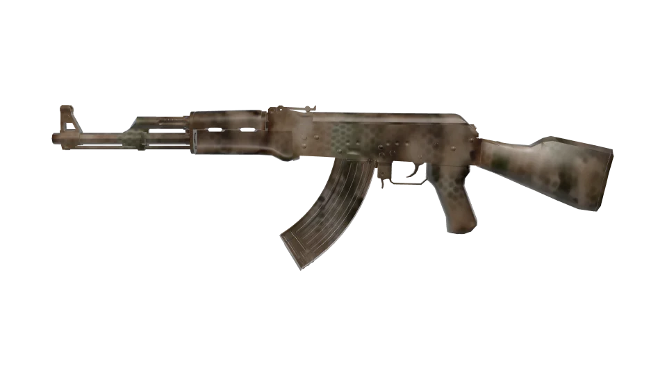 Shed camo on an AK-47, side view
