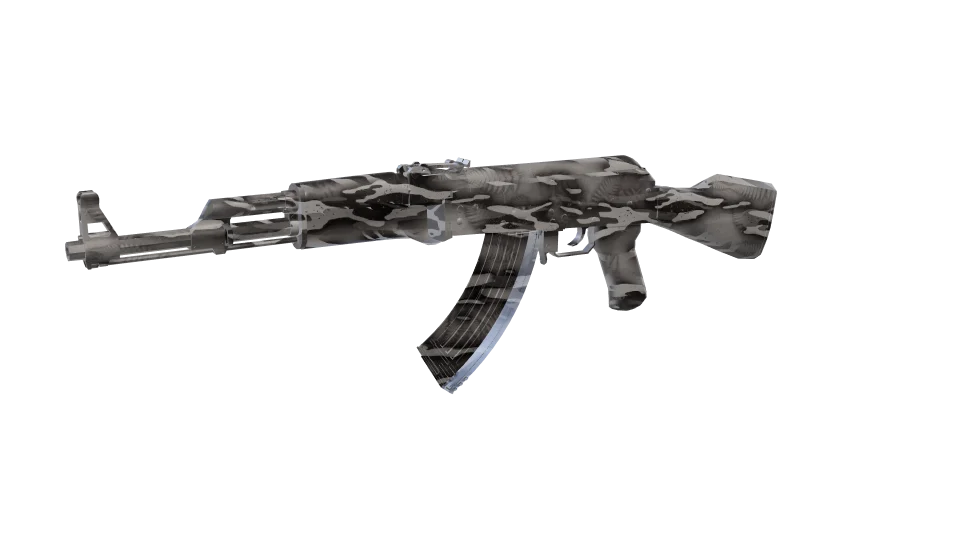 Smokescreen camo on an AK-47, front three-quarter view