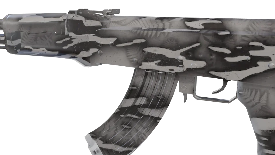 Smokescreen camo on an AK-47, close-up of the receiver and magazine