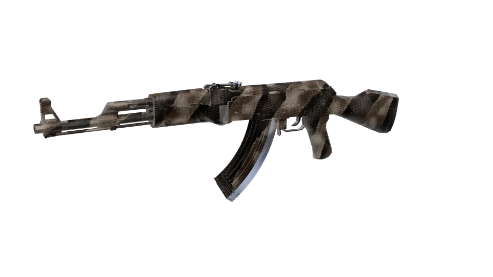 Snakeskin camo on an AK-47, front three-quarter view