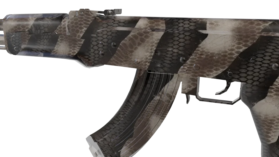Snakeskin camo on an AK-47, close-up of the receiver and magazine