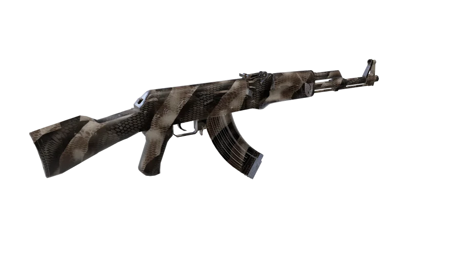 Snakeskin camo on an AK-47, rear three-quarter view