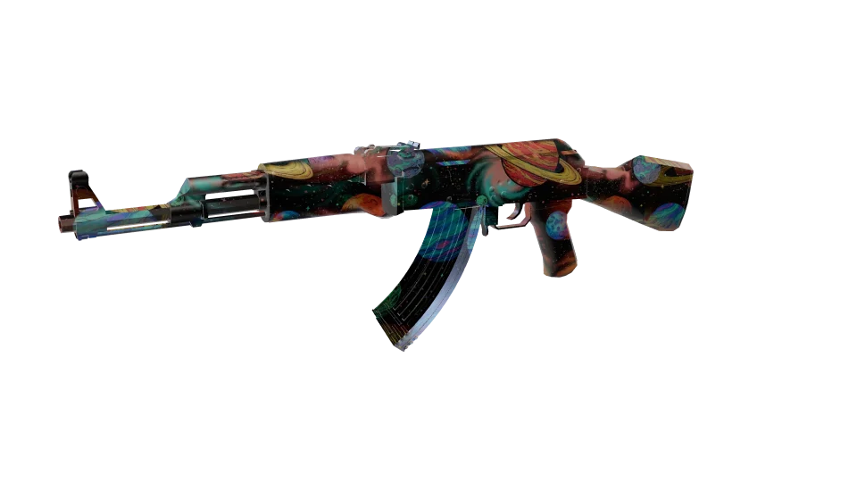 Space Time camo on an AK-47, front three-quarter view