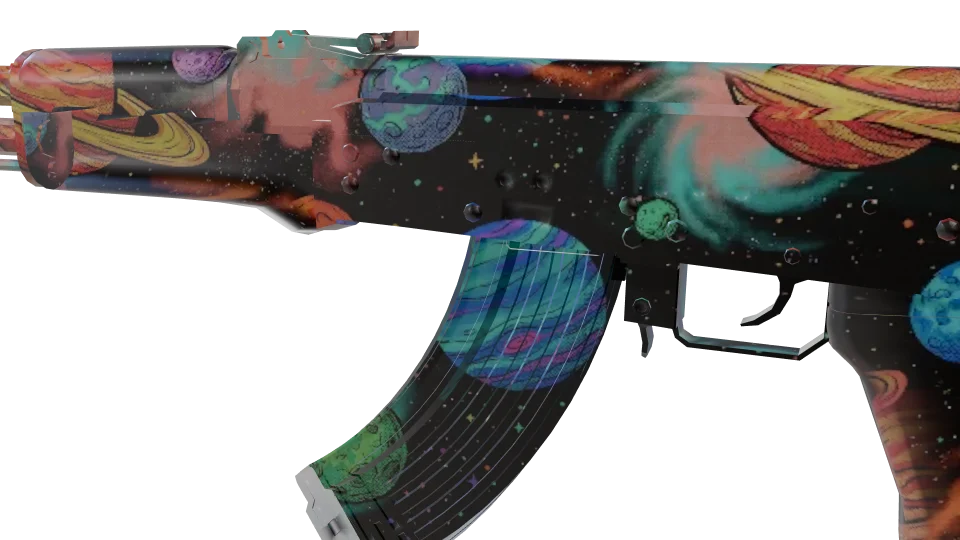 Space Time camo on an AK-47, close-up of the receiver and magazine