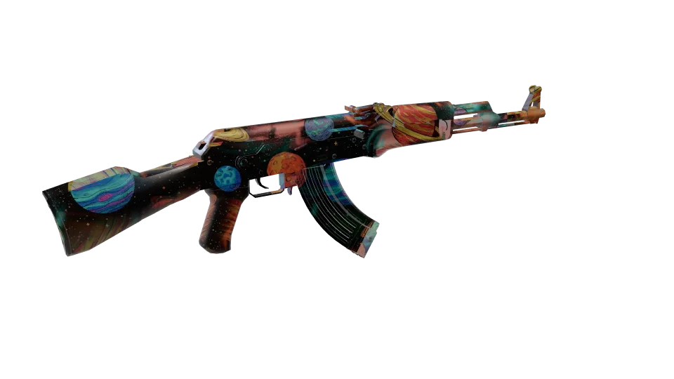 Space Time camo on an AK-47, rear three-quarter view