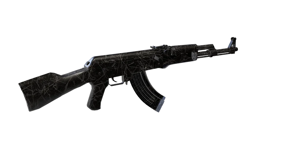 Spidersilk camo on an AK-47, rear three-quarter view