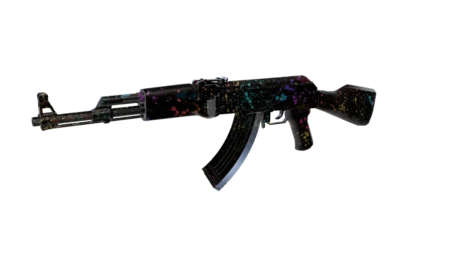 Splatter Ops camo on an AK-47, front three-quarter view