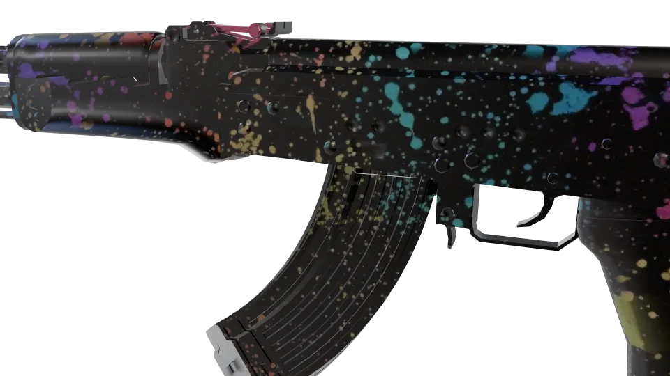 Splatter Ops camo on an AK-47, close-up of the receiver and magazine