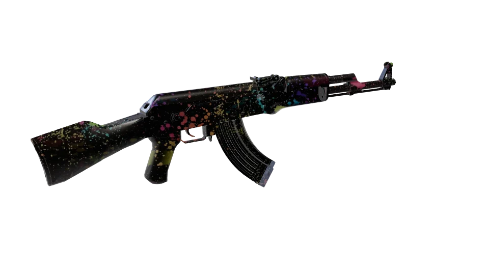 Splatter Ops camo on an AK-47, rear three-quarter view