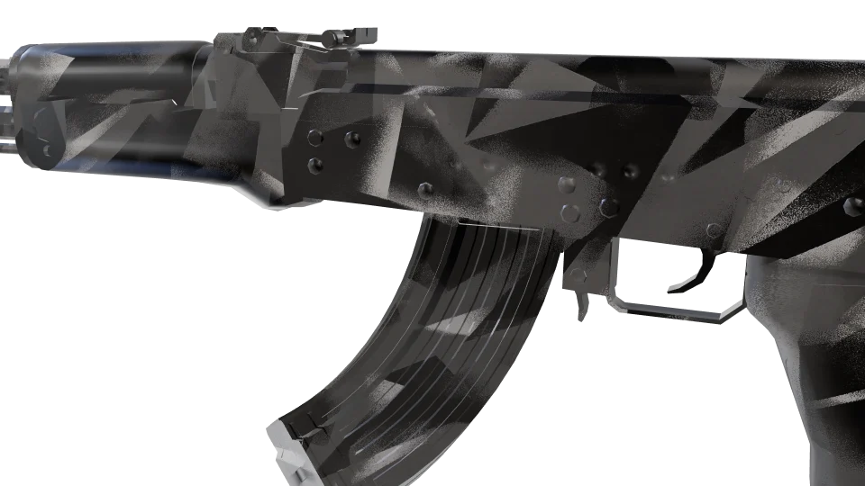 Splinter Rock camo on an AK-47, close-up of the receiver and magazine