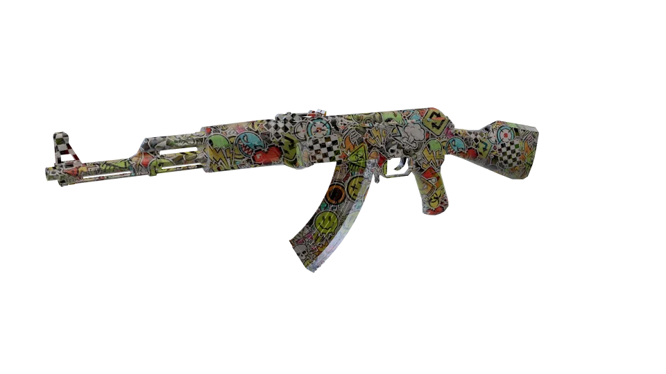 Sticker Shock camo on an AK-47, front three-quarter view
